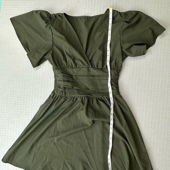 Olive Army Green V-Neck Flutter‎ Sleeve Ruched Waist A-Line Mini Dress small - Picture 13 of 15